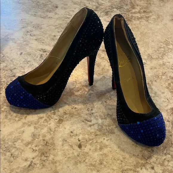 Christian Louboutin Black and Blue Crystal Heels - Picture 4 of 5
